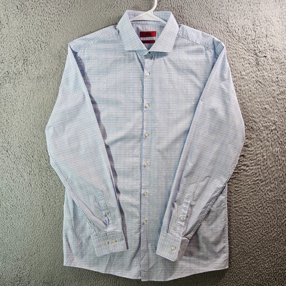 Hugo Boss Shirt Men 16.5 34 35 Sharp Fit‎ Button Long Sleeve White Blue Plaid - Picture 2 of 11